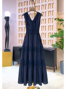 Summer Lace Splice Sleeveless V-Neck Long Dress Womens Anti-Aging Upstairs Society Waist-Cinching Dark Blue Gown Citywalk Polyester Fiber