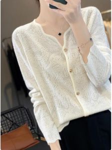 WANGGONGZHU | Princess Style Knitted Lace Open Cardigan Womens Spring Autumn Thin Design Sensation Elegance V-neck Long Sleeve Top