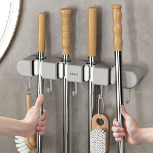 Mop and Broom Holder with Hooks Wall Mount Hanger Storage Rack Bathroom Cleaning Tools Organizer Wall Hanger Garden Tools Organizer