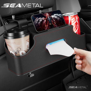 SEAMETAL Car Seat Organizer Headrest Storage Box PU Leather Backseat Tissue Water Cup Drink Holder with Hanger Hooks