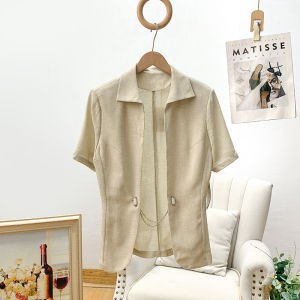 เสื้อสูทแขนสั้นผ้าฝ้ายลินินสไตล์ย้อนยุคสำหรับผู้หญิงในช่วงฤดูร้อน ระบายอากาศได้ดี ไม่มีป้าย แฟชั่นสตรีท แขนสั้น คอปกตั้ง