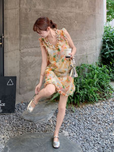 French Country Style Floral Print Mini Dress Womens Summer Sleeveless Vest Dress Wooden Edge French Style Short Skirt Dress