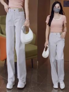 กางเกงยีนส์ขากว้างเอวสูงทรงสลิมฟิตสำหรับผู้หญิง กางเกงขายาวทรงตรงหลวมๆ สำหรับฤดูร้อน 2025 กางเกงยีนส์ผ้าไหมบางใหม่
