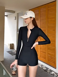 Plain Long Sleeve Style One-Piece Swimsuit
