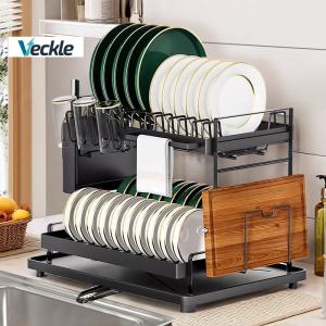 Veckle【2025 New】2 Tiers Dish Drying Rack Installation Free Kitchen Dish Drainer Rack Organizer