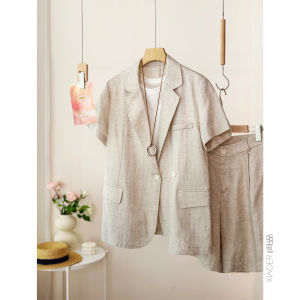 XIAOER | Áo Blazer Tay Ngắn cho Nữ Cổ Rộng Phối Tencel và Linen