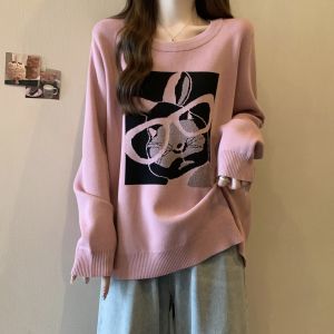 Áo Len Dệt Kim Rộng Rãi Cổ Tròn Thêu Phong Cách Lười Biếng Thời Trang Giảm Tuổi Tác Cho Nữ Mùa Thu Đông Áo Len Dệt Kim Dài Tay