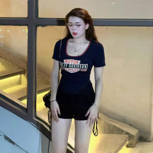 เสื้อยืดคอกลมแขนสั้นทรงสลิมฟิตสำหรับผู้หญิงในช่วงฤดูร้อน เสื้อยืดผู้หญิงสไตล์อเมริกันเผ็ดร้อน สไตล์เกาหลี เสื้อผ้าทำงานสำหรับผู้หญิงไซส์ใหญ่