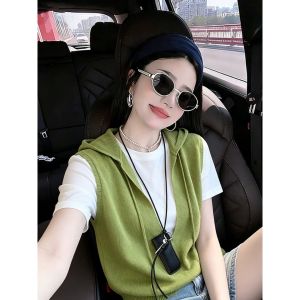 Loowmane | Áo Nữ Không T Tay Kẻ Lớp Mũ Trùm Màu Xanh Bơ Phong Cách Trẻ