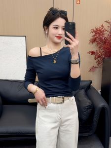 Black Shoulder Bared Long Sleeve T-Shirt Womens Slim Fit Base Shirt Spring New Style Commute Korean Version Inner Wear Design