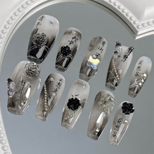 Handmade Black Rose Butterfly Pearl Font Fake Nails Medium Length Manicure Wearable Nail Tips Elegant Gentle Color Series