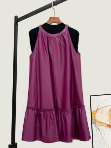 Elegant Shoulder Bared Genuine Leather Dress Womens Loose Slimming Midi Vest A-Line Skirt Street Style High Waist Sheepskin