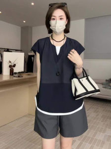 YUFUQING | Laid-back Style Color Block Short Sleeve Shirt Women Summer Simple Loose Casual Versatile Top Commute Style High Waist Shorts