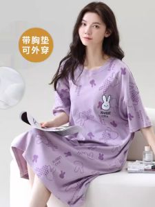 Cotton Sleep Dress for Women with Chest Pad Short Sleeves Summer Style Mid Length Plus Size Comfortable Homewear