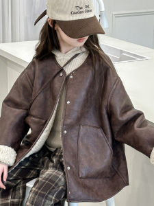 Girls Leather Cloth plus Velvet Autumn and Winter Clothing 2024 New Arrival Childrens Fur Coat Thickened Fashionable Locomotive Jacket