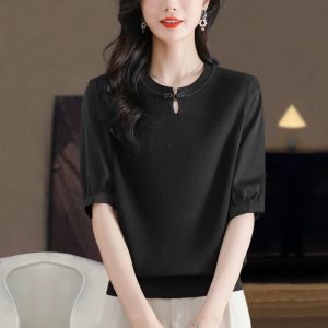 plus Size Summer Ice Silk Knitted Short Sleeve T-Shirt Women Loose Belly Covering Slimming Chinese Style Chiffon Top