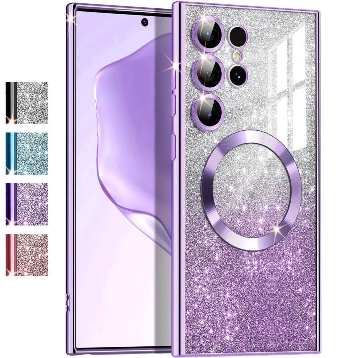 for Galaxy S25 Ultra Case,Compatible with MagSafe,Clear Magnetic Glitter Gradient Sparkle Luxury Plated Soft TPU Bumper Full Camera Lens Protector Phone Case for Samsung S25 Ultra/S25 Edge/S25 Plus/S24 FE/S24 Ultra/S24+/S23 Ultra/S23+