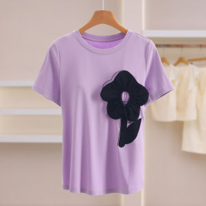 Pleated Flower Embroidery Loose Short Sleeve T-Shirt