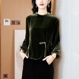 MAIMEI | Retro Chinese Style Womens Long Sleeve Round Neck Velvet Top Elegant Mommy Fashion Autumn New Green Gem Velvet Commute Style