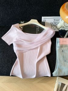 Pink Off-shoulder Short Sleeve T-Shirt
