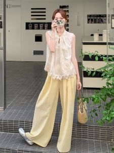 XUECAIQI | Elegant New Chinese Style Summer Set Lace Trim Top and Wide Leg Pants