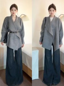 CHANGTONG | Elegant Chic Hepburn Style Grey Turn-Down Collar Knitted Coat Mid-Length