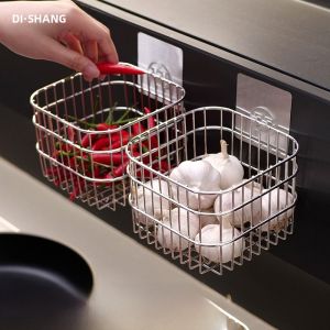 Kitchen Wall Mounted Storage Basket Onion Garlic Ginger 304 Stainless Steel Organizer No Drilling Required Spice Rack Holder