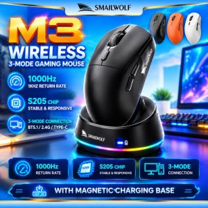 Aitemay SMAILWOLF M3 Wireless Gaming Mouse 1000Hz S205 Chip 3 Mode BT5.1 2.4G Type C Magnetic Charging Base RGB Ergonomic For Laptop PC