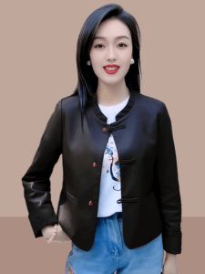Áo Khoác Da Nữ Phong Cách Trung Hoa Mới Xuân Thu Cổ Đứng Dài Tay Thường Xuyên Chất Liệu Khác Thời Trang Thanh Lịch
