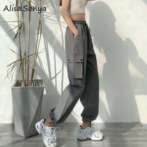 Alisa Sonya Overalls Womens Nylon Straight Loose High Waiste Slim Casual Wide Leg Pants
