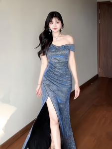 ชุดเดรสยาวเปิดไหล่เซ็กซี่สุดหรูหราสำหรับผู้หญิง ชุดคลุมกันหนาวสไตล์เกาหลี ชุดราตรีวันเกิด ชุดเดรสยาวปานกลาง ชุดเดรสยาวปานกลาง