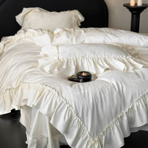 French Style Creamy Embroidered Pure Cotton Satin Four-Piece Bedding Set Princess Light Luxury Bed Sheets with Lace Edge