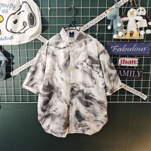 Summer Thin Mens Tie Dye Shirt Watercolor Print Denim Short Set Breathable Ice Silk Loose Fit Casual Youthful Style Short Sleeve