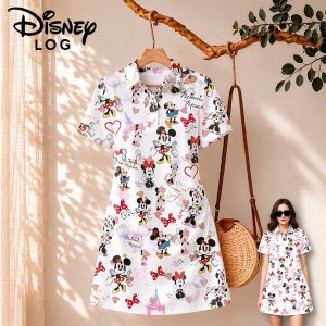 Disney | Womens Disney Mickey Mouse Print Polo Collar Dress Party Fashion Cuteore Minnie Cartoon Elegant Gown New 2026 Woman Clothing