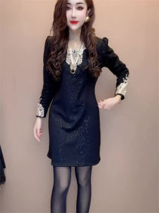 Fashionable Lace Splice Design Little Black Dress Womens Autumn New Style Slimming Meat Covering Versatile Elegant Dress
