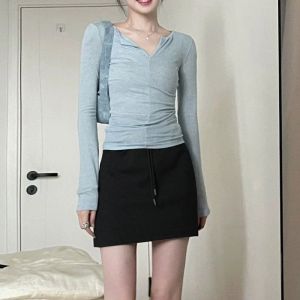 Gray Sporty High Waist Thickened Autumn Winter Short Skirt Womens Casual Drawstring Bodycon Mini Skirt Korean Style Commute