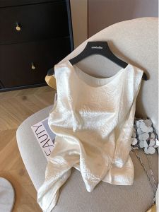 Elegant Thin Acetate Folded Sleeveless Vest for Women Autumn New Style Commute Style Regular Length Pure Color Straight Cut