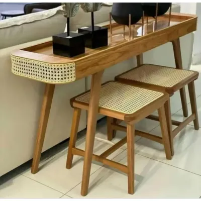 MEJA KONSOL KAYU JATI KOMBINASI ROTAN