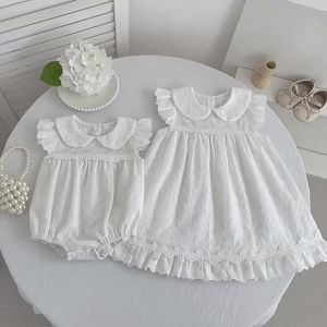 2026 New Summer 0-24M Baby Girl Short Sleeves Cotton White Romper 2-6Yrs Kids Princess Sweet Embroidery Dress Sister Dress