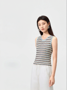 Purcotton | Round Neck Color Stripe Summer Cotton Vest