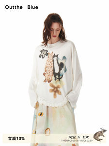 Loose Long Sleeve Womens T-shirt Floral Print Outthe Blue Pink And Flower Edge Silk Lotus Leaf Hemline Spring Fashion Artistic