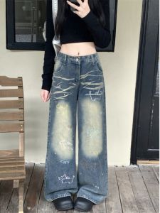 Quần Jeans Denim Ống Rộng Thêu Cạp Cao Cho Nữ Mùa Thu 2025 Quần Dài Dài Đến Sàn Thiết Kế Mới Quần Jeans Nữ Cổ Điển