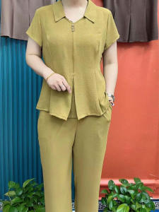 ชุดสองชิ้นแฟชั่นสำหรับคุณแม่ ทรงหลวม แขนสั้น ทรงสลิม เอวสูง ผ้าโพลีเอสเตอร์ ชุดทำงานฤดูร้อน 2023 สำหรับผู้หญิงวัย 35 ปีขึ้นไป