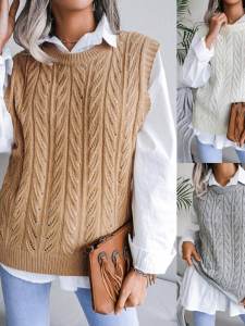 เสื้อกั๊กสเวตเตอร์คอตั้งแขนกุดแบบมีรูรูปทรงกลม เสื้อคลุมกันหนาวแบบสวมหัวสำหรับผู้หญิง ฤดูใบไม้ร่วง 2023 สีพื้น