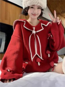 Christmas New Year Red Knitted Sweater Womens Winter plus Size Shoulder Navy Collar Mid-Length Top Commute Style Loose Fit