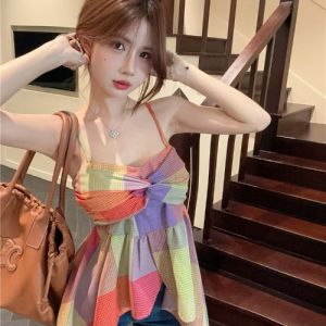 GUZILIAN | Irregular Chic Versatile Sleeveless Strap Vest Color Block Plaid Twist Dopaamine Slimming Halter Top Korean Style Commute Fashion