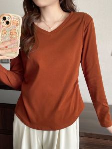 Pure Cotton V-Neck Long Sleeve T-Shirt Women Casual Loose Fit Spring Autumn Winter New Style Inner Wear Base Shirt Trendy Top