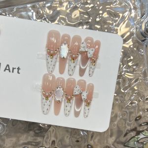 Pink French Style Tip False Nails 10PCS Handmade Elegant Cat Eyes Press on Nail with Bowknot for Christmas Party DIY Manicure