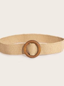 Bohemian Spring Summer Elastic Lafite Grass Waist Belt Casual round Wood Buckle Womens Fashionable Leisure Ethnic Style
