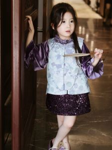 Purple Floral Edged Vest Top And Skirt Set Chinese Style Girls Clothing Spring Fashion Baby Outfit Traditional Tang Costume